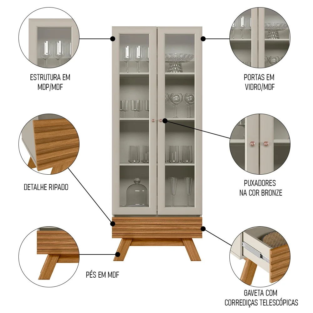 Cristaleira 2 Portas Com Gaveta Marcela L06 Nature/Off White - Mpozenato