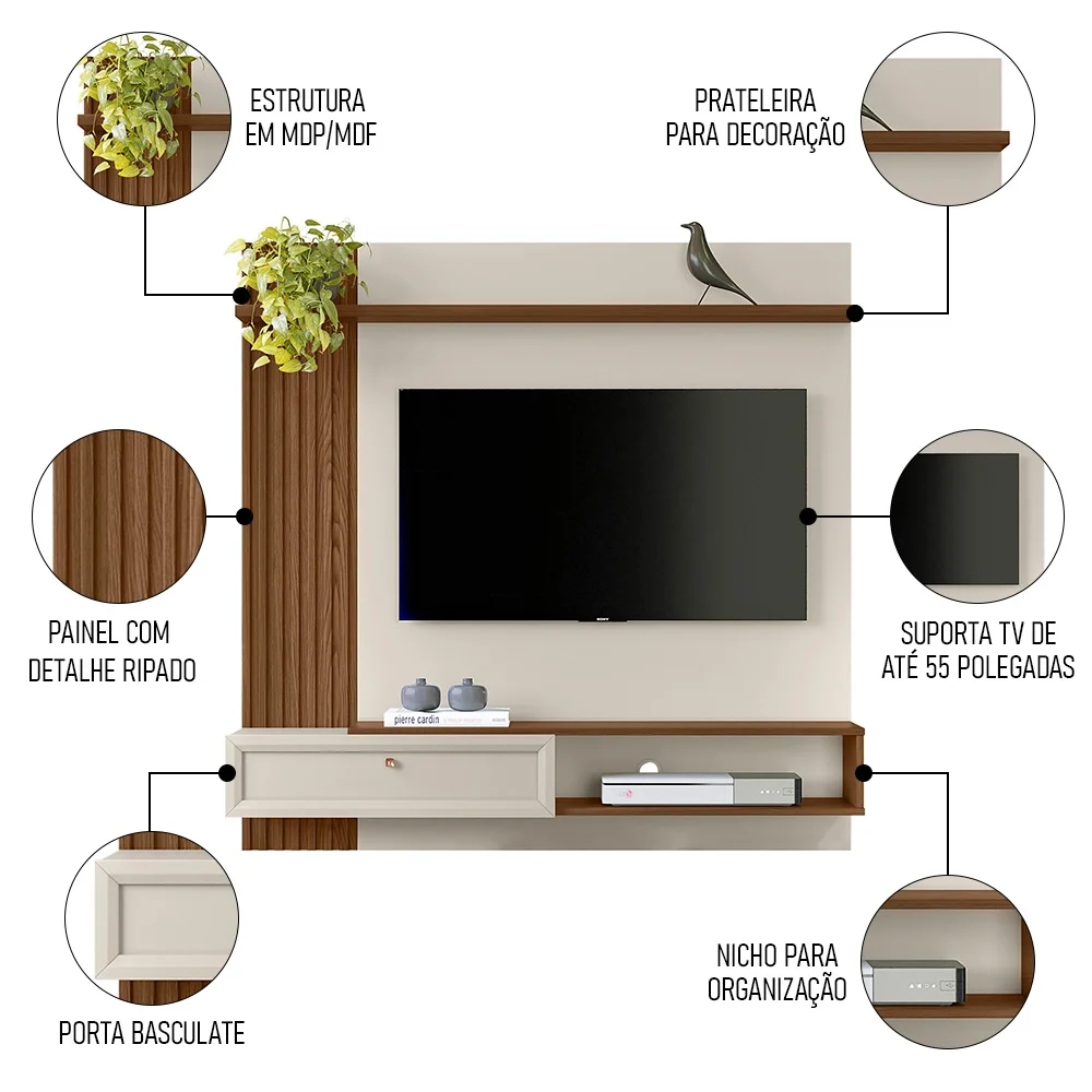 Painel Para TV 55 Polegadas Suspenso Ripado Jully L06 Freijó/Off White - Mpozenato