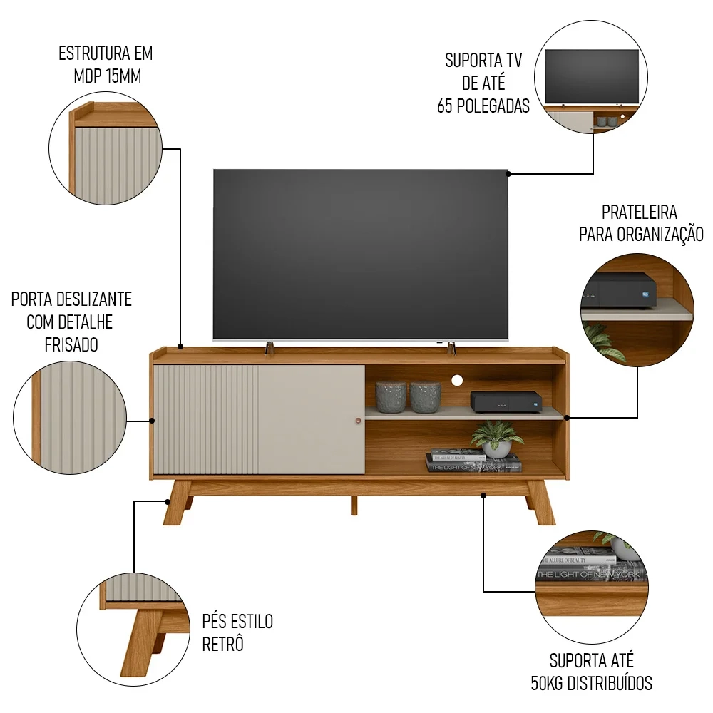 Rack Bancada de TV 65 Polegadas Arum L06 Nature/Off White - Mpozenato