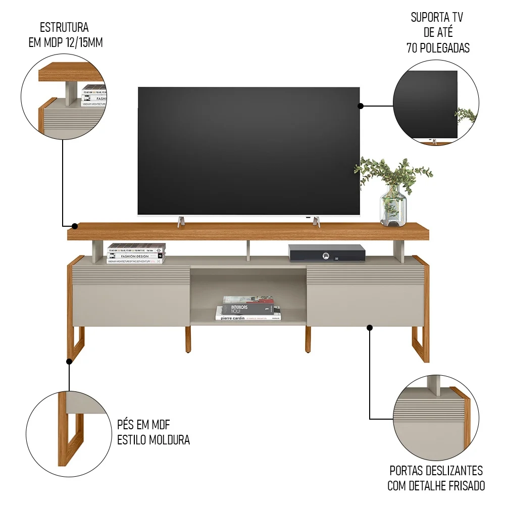 Rack Bancada de TV 70 Polegadas 2 Portas Agata L06 Nature/Off White - Mpozenato