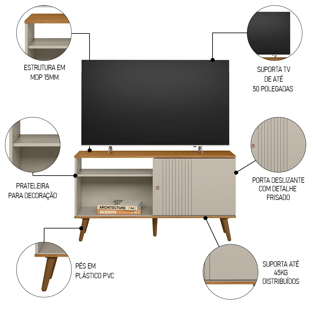 Rack Bancada de TV 50 Polegadas Rebu L06 Nature/Off White - Mpozenato