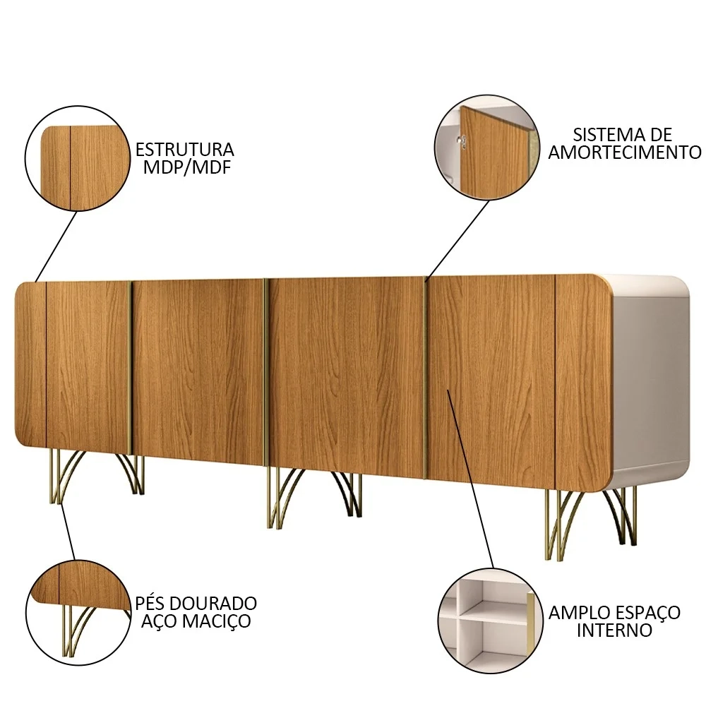 Balcão Buffet Piacente Com Cristaleira Alvora H01 Off White/Cinamomo - Mpozenato