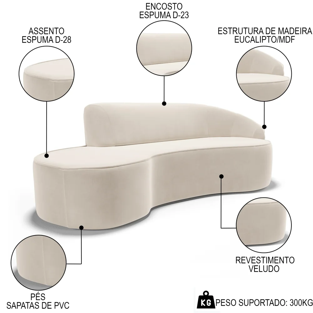 Sofá Living  3 Lugares 230cm Braço Direito Mozart D06 Veludo Bege - Mpozenato