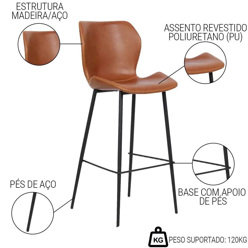 Kit 2 Banquetas Alta com Encosto para Bancada Cozinha Penha R02 Sintético Marrom - Mpozenato
