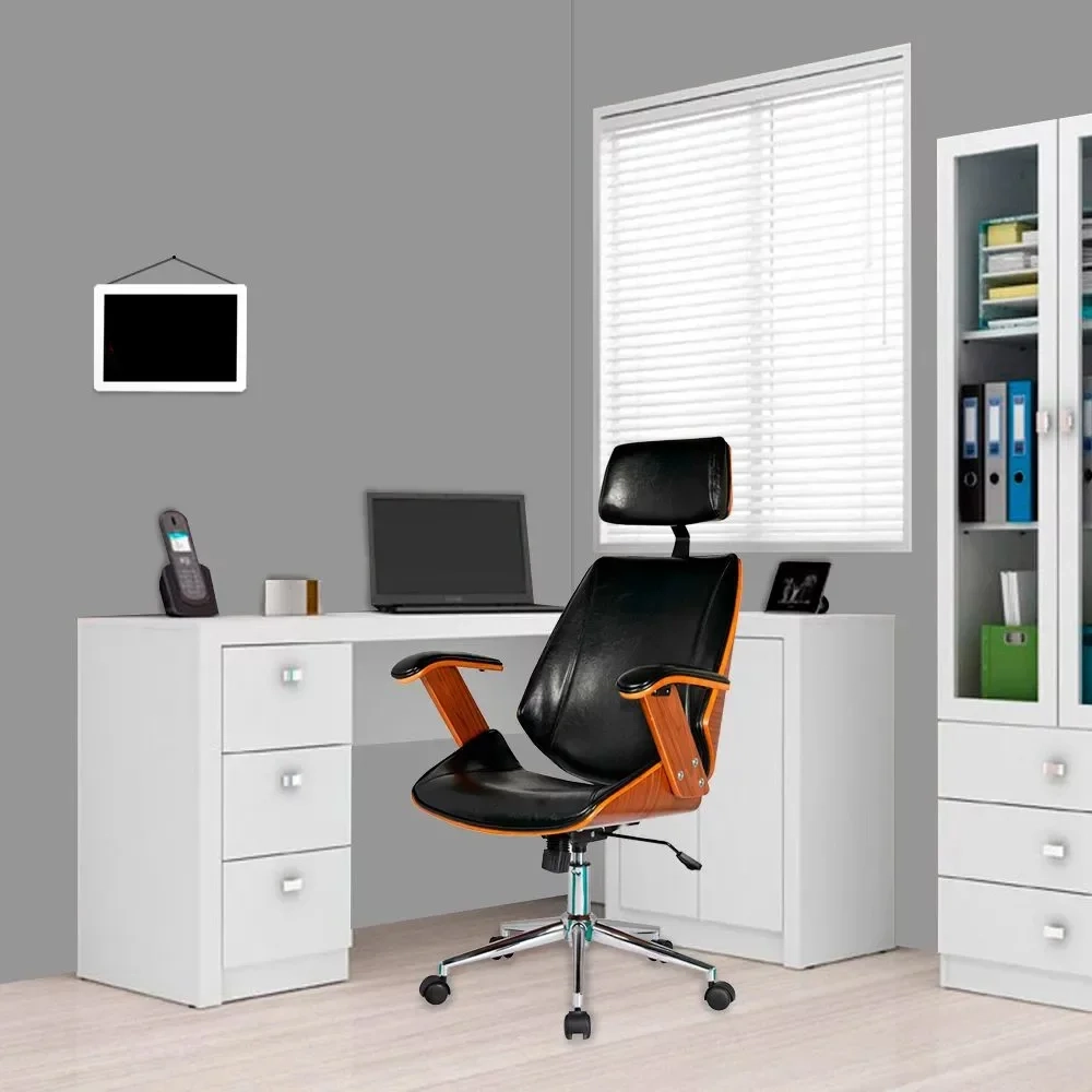 Cadeira de Escritório Presidente Giratória Madeira Liziê R02 Sintético Preto - Mpozenato