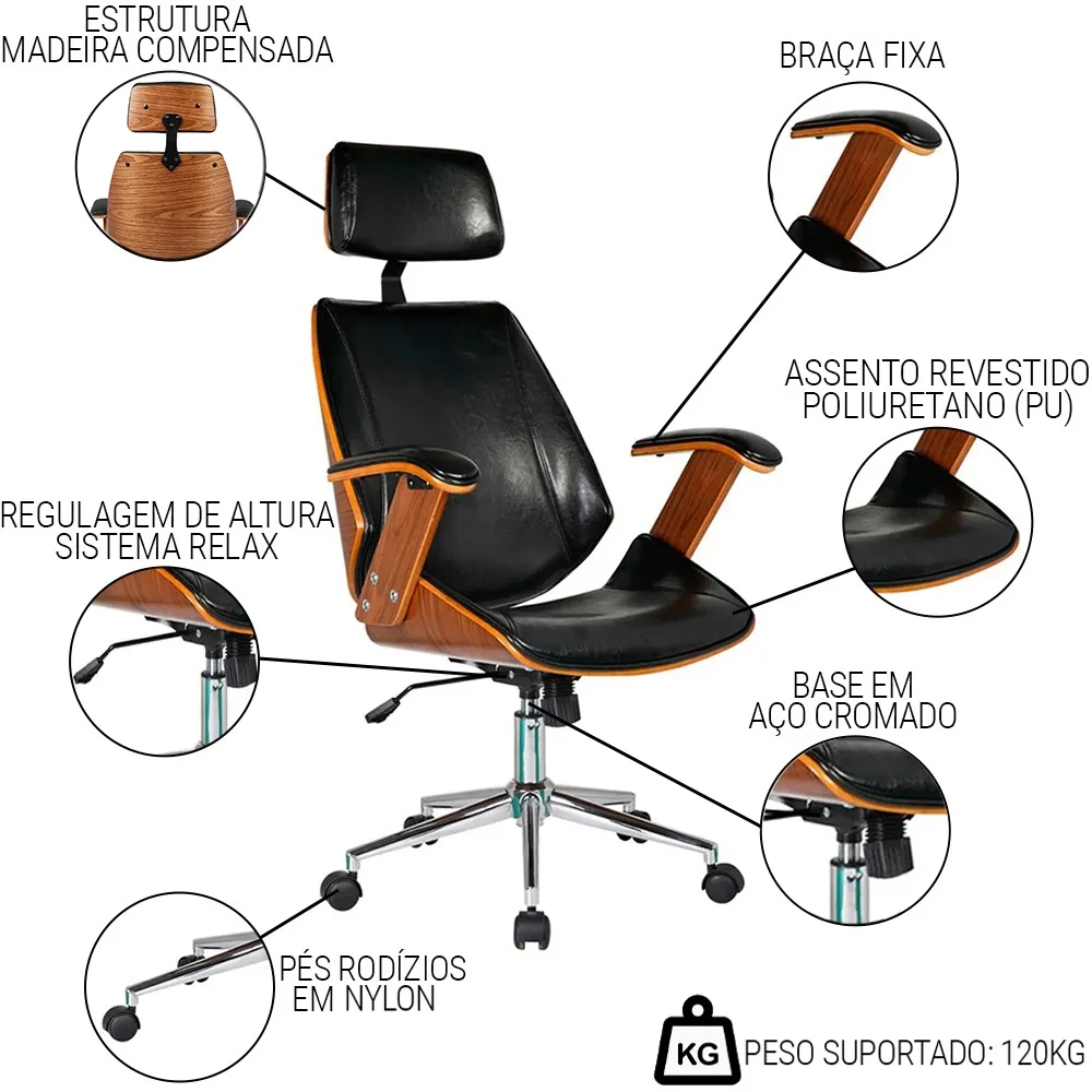 Kit 2 Cadeiras de Escritório Presidente Giratória Liziê R02 Sintético Preto - Mpozenato