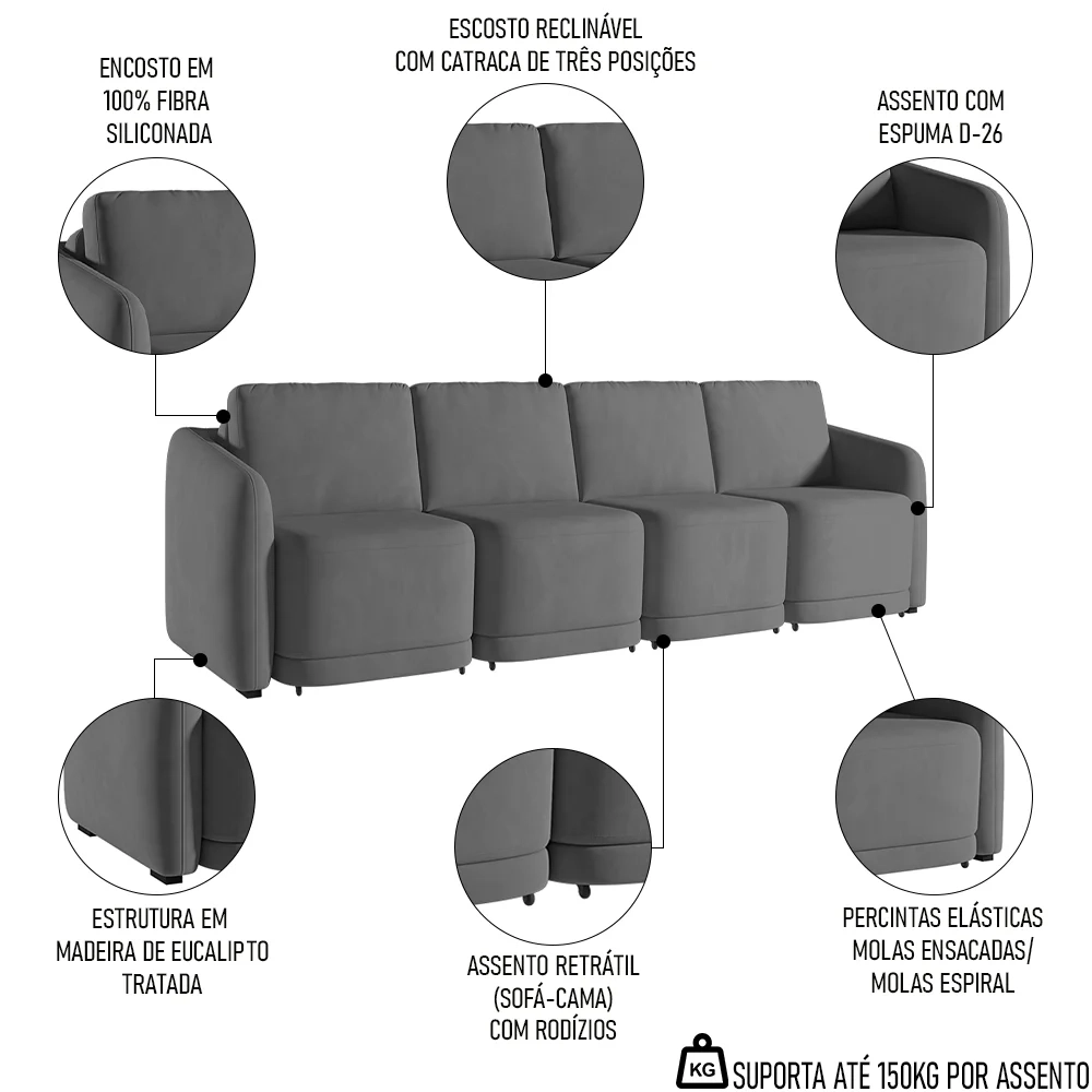 Sofá Cama Casal para Sala 316cm Polska Z08 Veludo Cinza Escuro - Mpozenato