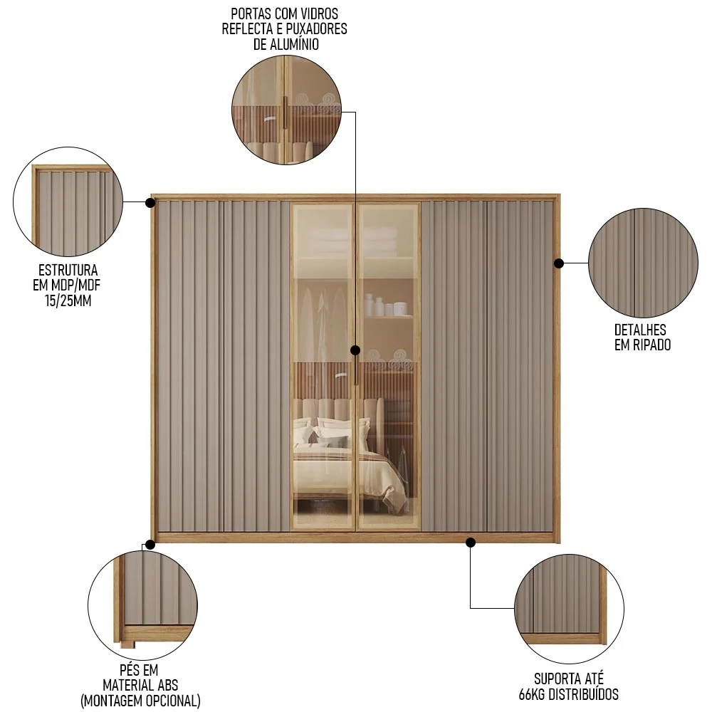Guarda Roupa Casal 6 Portas 4 Gavetas Turium C01 Buriti/Fendi - Mpozenato