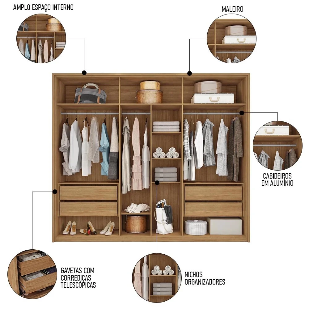 Guarda Roupa Casal 6 Portas 4 Gavetas Turium C01 Buriti/Fendi - Mpozenato