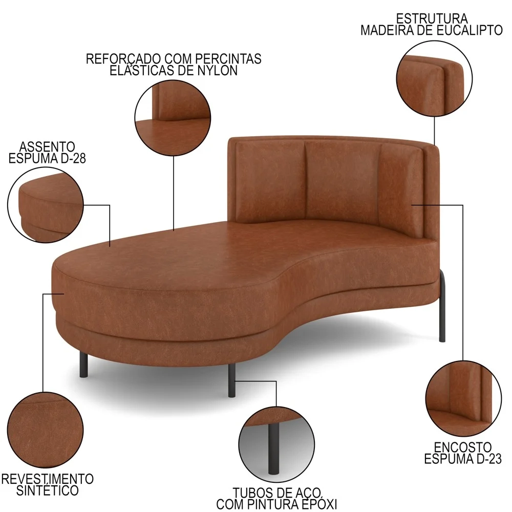 Chaise Longue Divã 164cm Braço Direito Logus D06 Sintético Marrom - Mpozenato