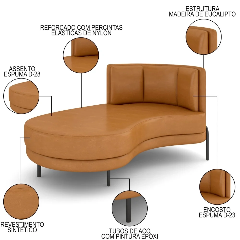 Chaise Longue Divã 164cm Braço Direito Logus D06 Sintético Caramelo - Mpozenato