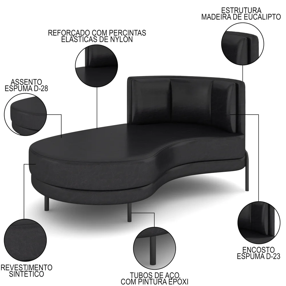 Chaise Longue Divã 164cm Braço Direito Logus D06 Sintético Preto - Mpozenato