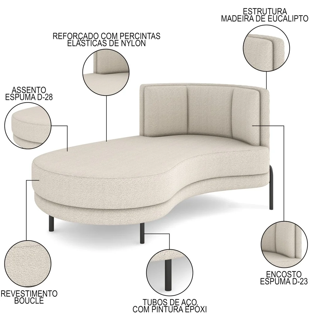 Chaise Longue Divã 164cm Braço Direito Logus D06 Boucle Bege - Mpozenato