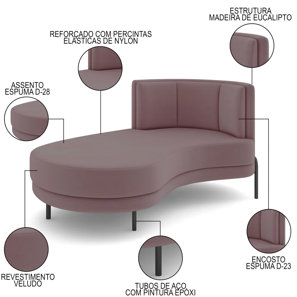 Chaise Longue Divã 164cm Braço Direito Logus D06 Veludo Rosê - Mpozenato