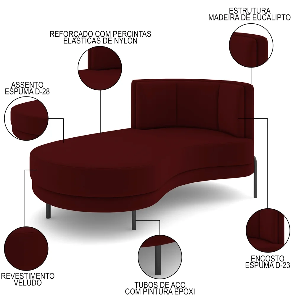 Chaise Longue Divã 164cm Braço Direito Logus D06 Veludo Vermelho - Mpozenato