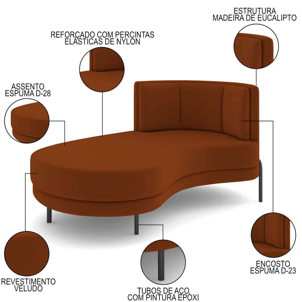 Chaise Longue Divã 164cm Braço Direito Logus D06 Veludo Telha - Mpozenato