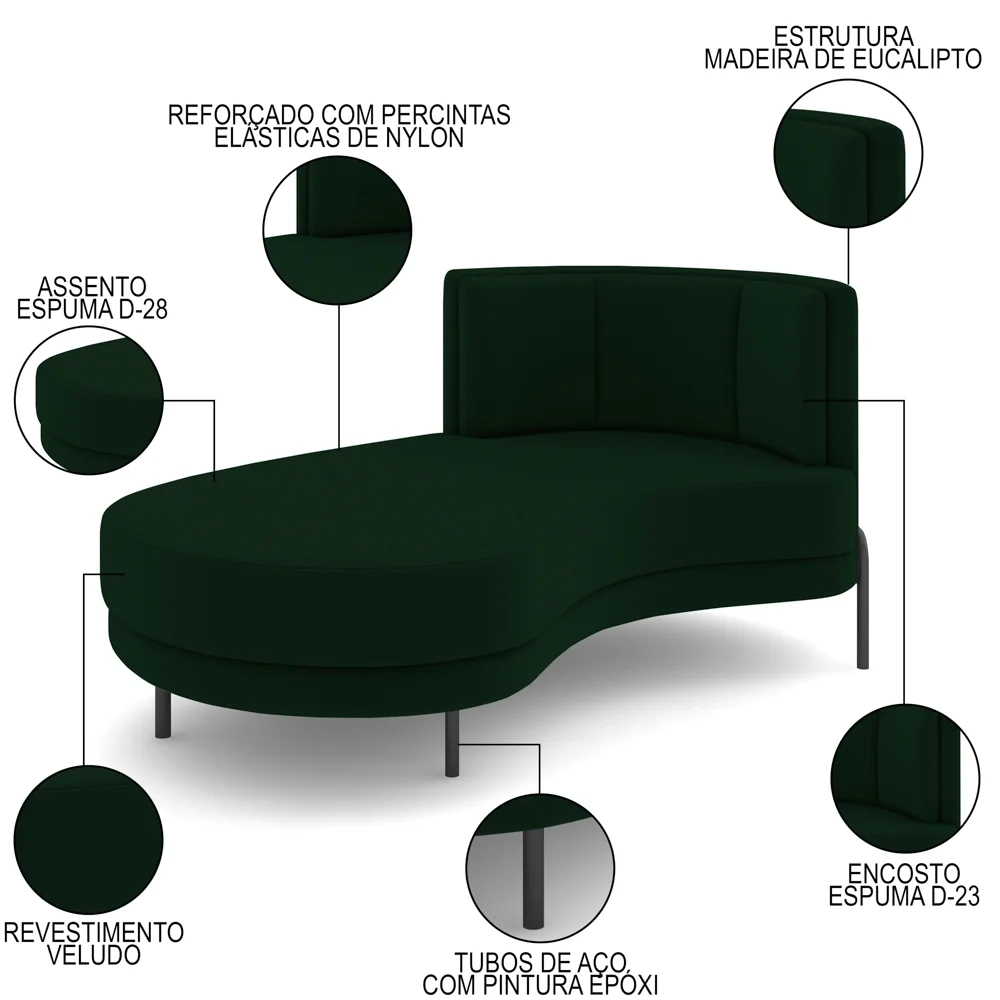 Chaise Longue Divã 164cm Braço Direito Logus D06 Veludo Verde - Mpozenato