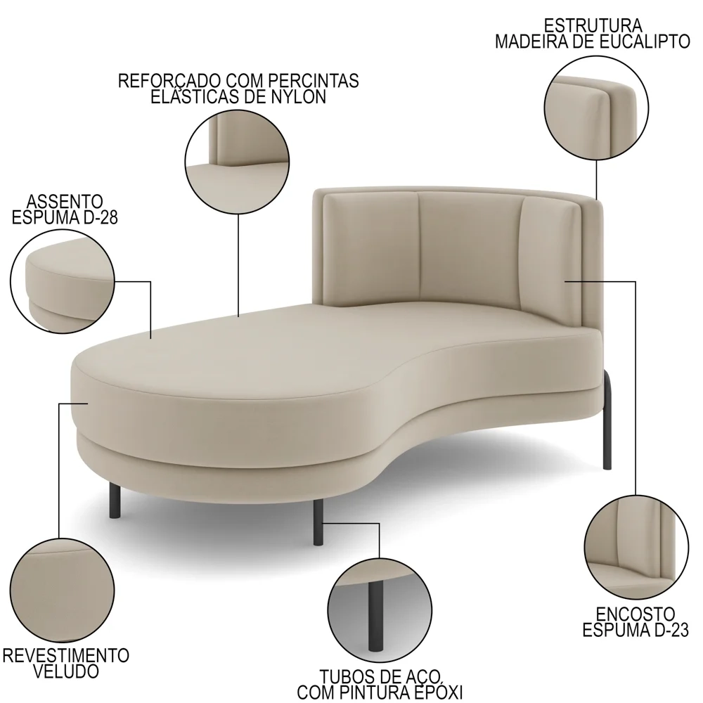 Chaise Longue Divã 164cm Braço Direito Logus D06 Veludo Bege - Mpozenato