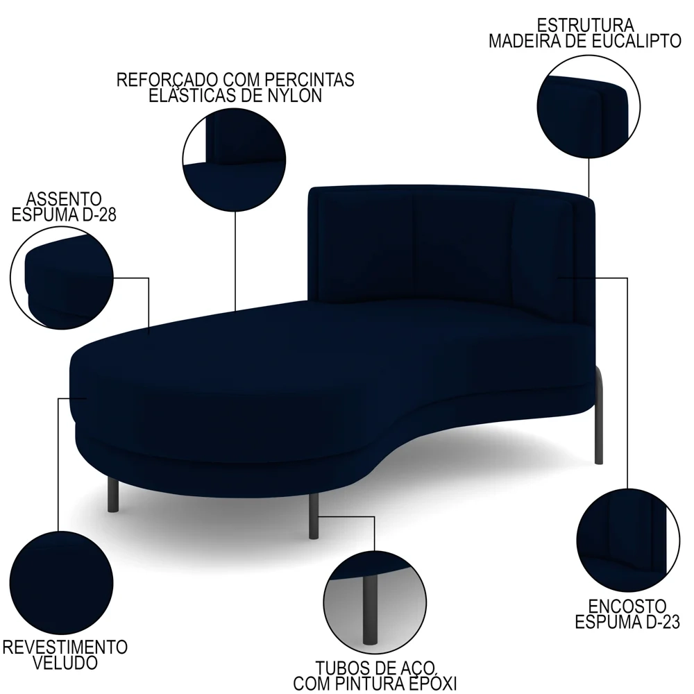 Chaise Longue Divã 164cm Braço Direito Logus D06 Veludo Azul - Mpozenato