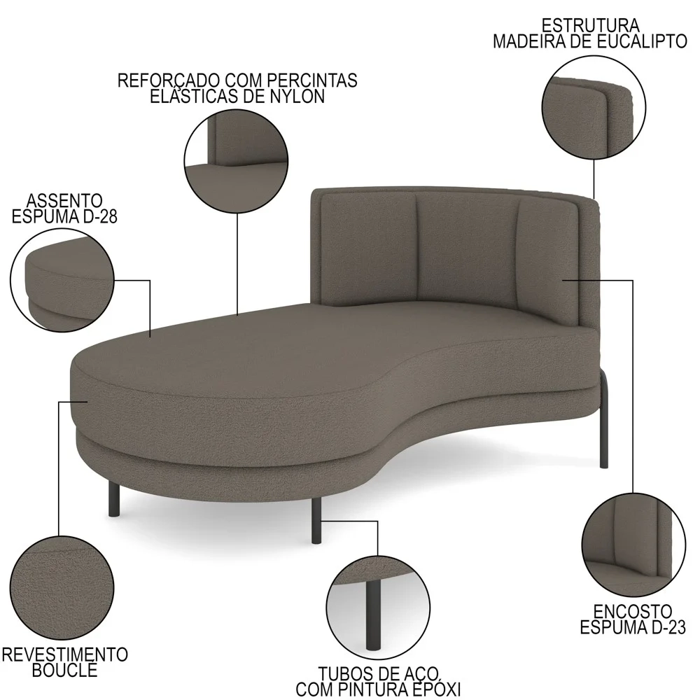 Chaise Longue Divã 164cm Braço Direito Logus D06 Boucle Bege Escuro - Mpozenato