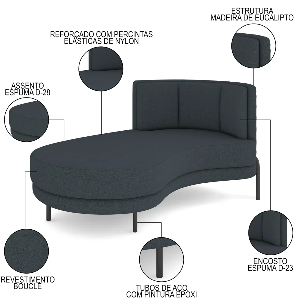 Chaise Longue Divã 164cm Braço Direito Logus D06 Boucle Chumbo - Mpozenato