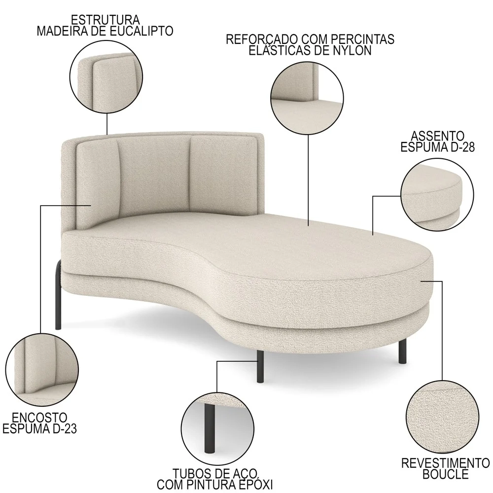 Chaise Longue Divã 164cm Braço Esquerdo Logus D06 Boucle Bege - Mpozenato