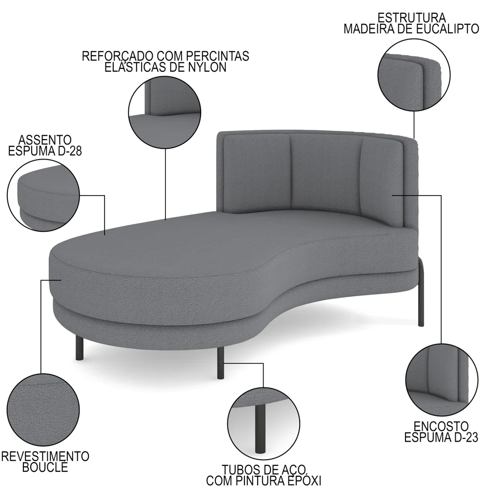 Chaise Longue Divã 164cm Braço Direito Logus D06 Boucle Cinza - Mpozenato