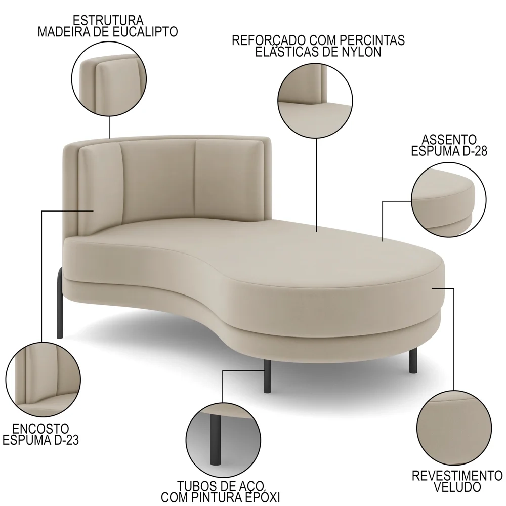 Chaise Longue Divã 164cm Braço Esquerdo Logus D06 Veludo Bege - Mpozenato