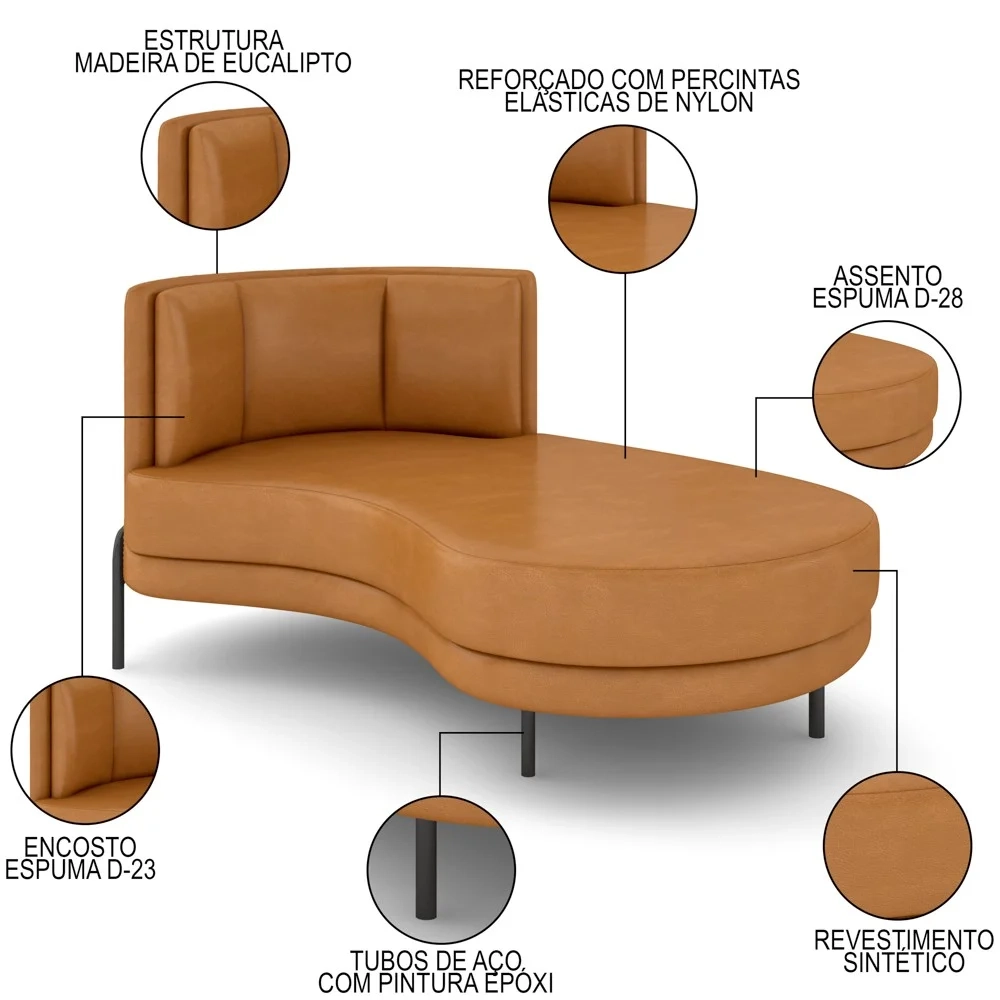 Chaise Longue Divã 164cm Braço Esquerdo Logus D06 Sintético Caramelo - Mpozenato