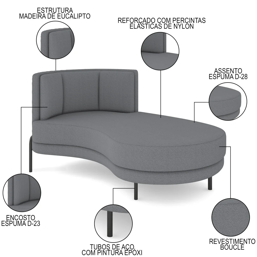 Chaise Longue Divã 164cm Braço Esquerdo Logus D06 Boucle Cinza - Mpozenato