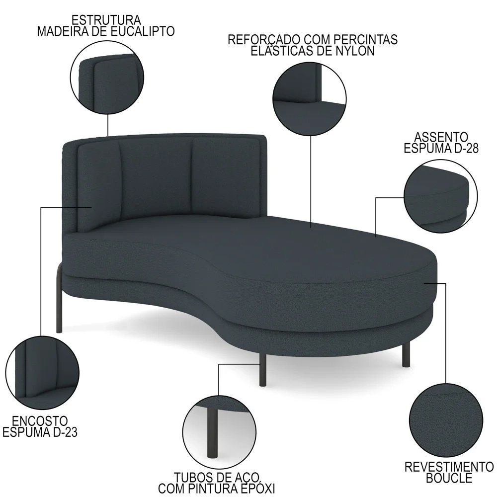 Chaise Longue Divã 164cm Braço Esquerdo Logus D06 Boucle Chumbo - Mpozenato