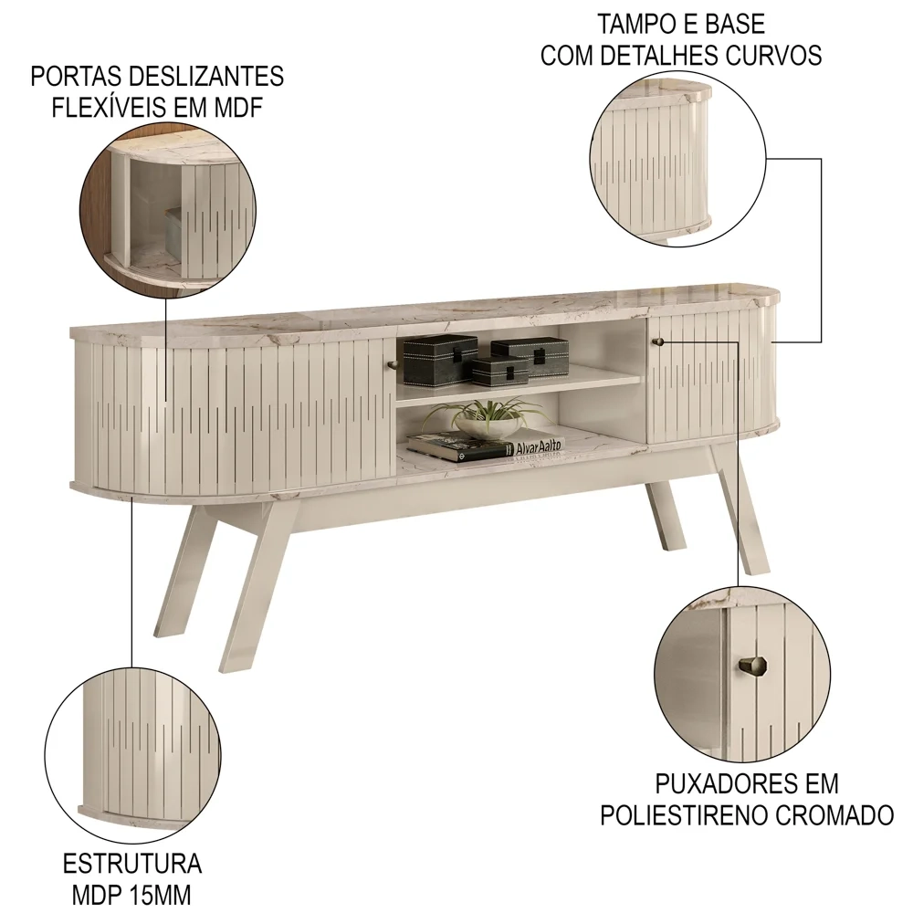 Rack Bancada para TV 75 Pol 183cm Alícia Z10 Calacata/Off White - Mpozenato
