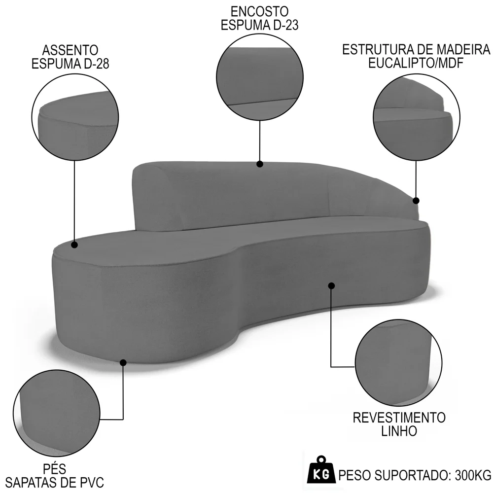Sofá Living  3 Lugares 260cm Braço Direito Mozart D06 Linho Cinza Escuro - Mpozenato