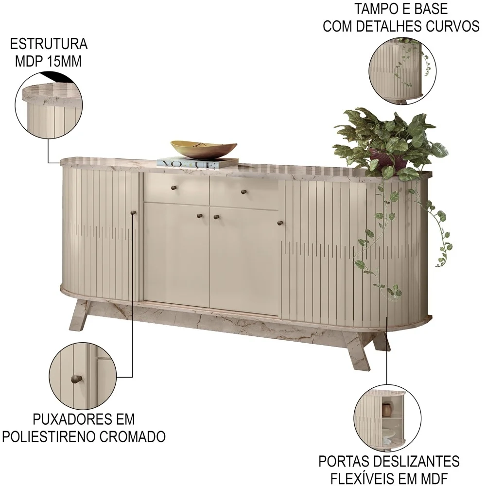 Balcão Buffet Mônica 183cm e Cristaleira Melina Z10 Calacata/Off White - Mpozenato
