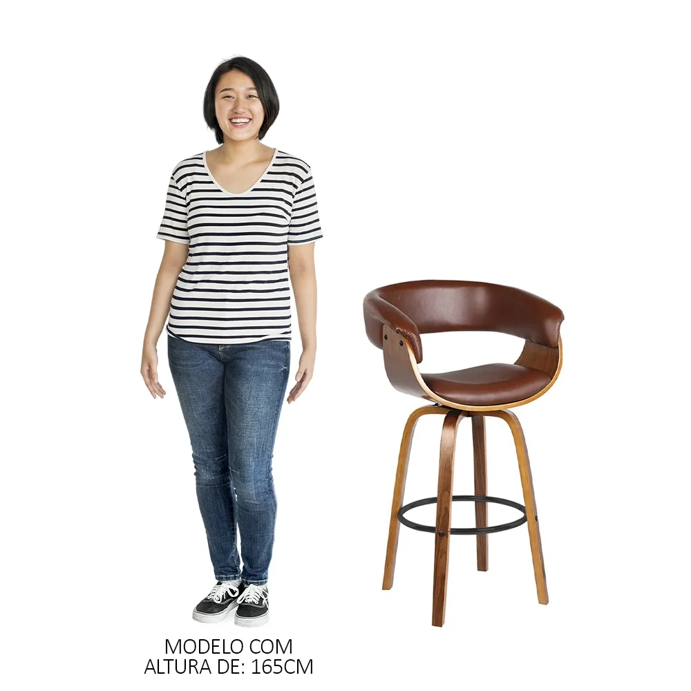 Kit 5 Banquetas Giratória Alta com Encosto Base Madeira Ravi R02 Sintético Marrom - Mpozenato