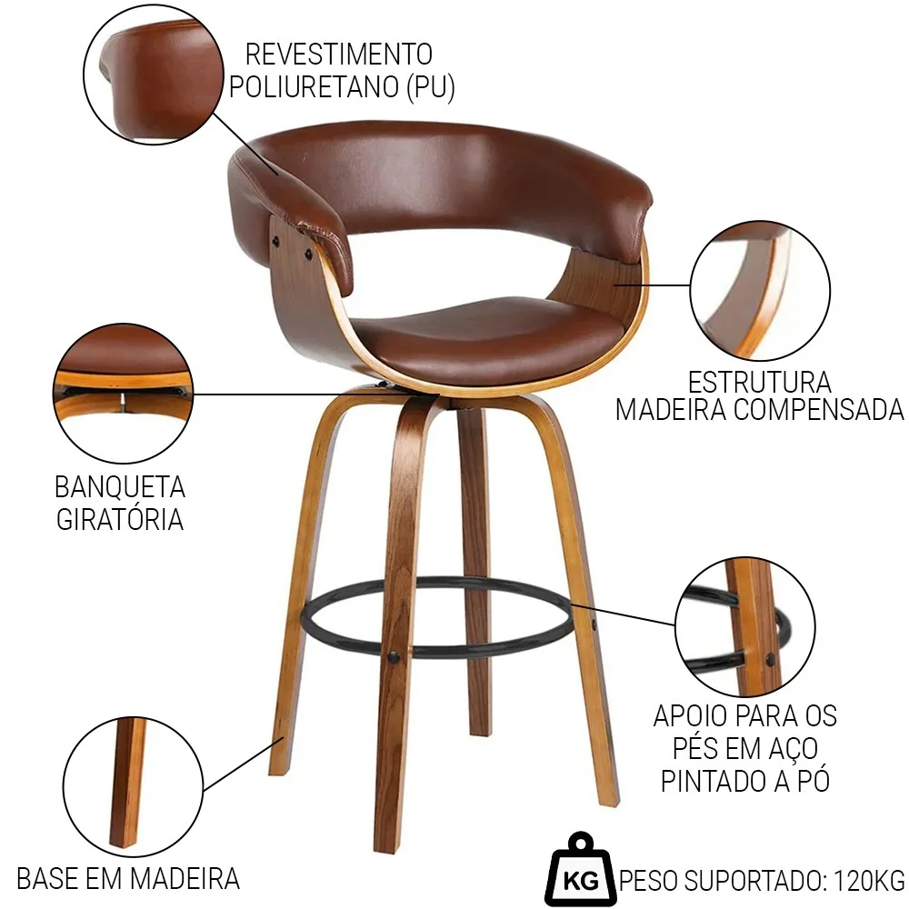 Kit 5 Banquetas Giratória Alta com Encosto Base Madeira Ravi R02 Sintético Marrom - Mpozenato