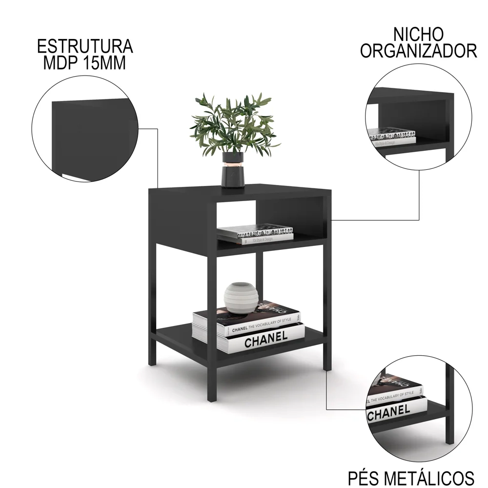 Mesa de Cabeceira Estilo Industrial Plaza L03 Preto - Mpozenato