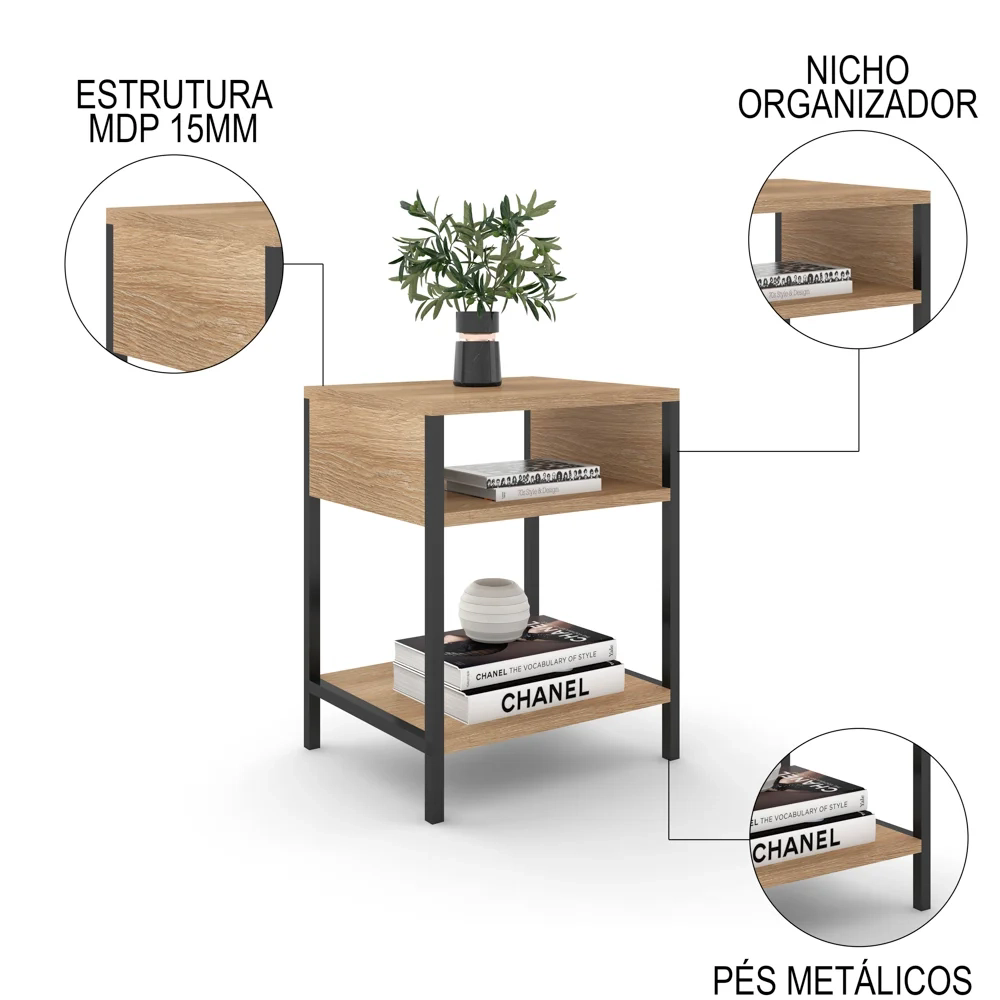 Mesa de Cabeceira Estilo Industrial Plaza L03 Castanho - Mpozenato