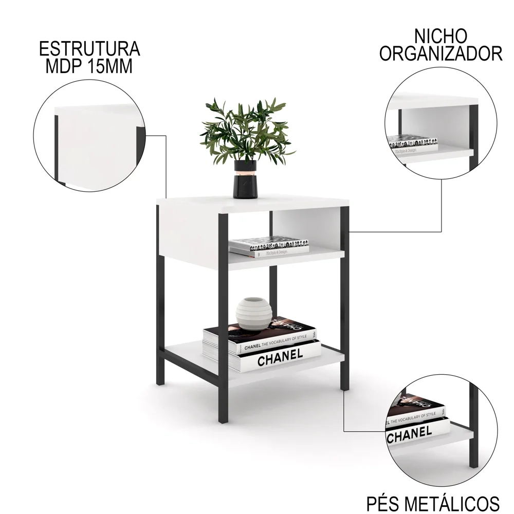 Kit 2 Mesas de Cabeceira Estilo Industrial Plaza L03 Branco - Mpozenato