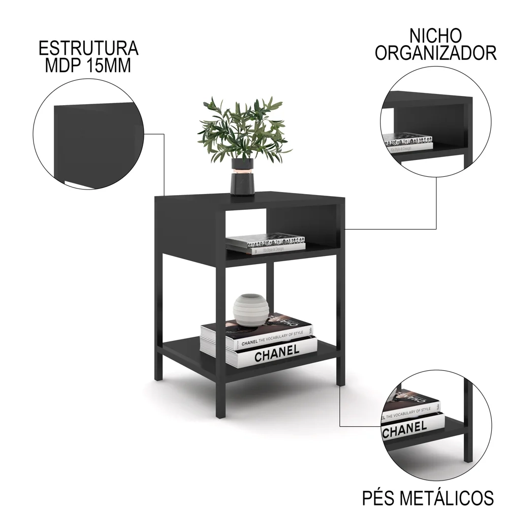 Kit 2 Mesas de Cabeceira Estilo Industrial Plaza L03 Preto - Mpozenato