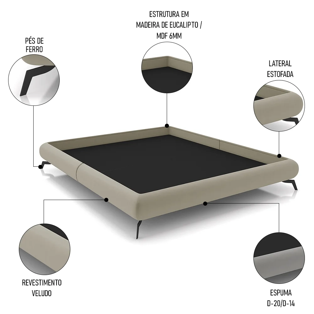Cama Queen Base Box 158x198cm Pés de Ferro Cold Z37 Veludo Bege - Mpozenato