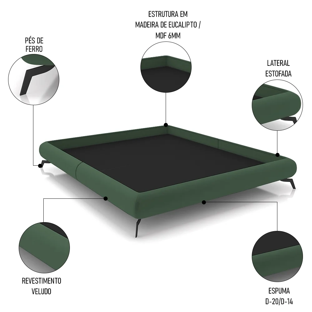 Cama Queen Base Box 158x198cm Pés de Ferro Cold Z37 Veludo Verde - Mpozenato