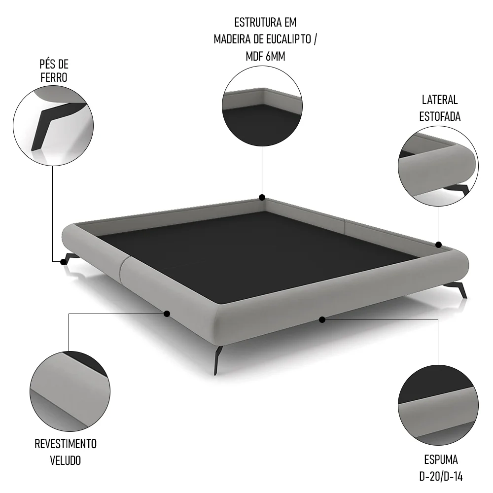 Cama Queen Base Box 158x198cm Pés de Ferro Cold Z37 Veludo Cinza - Mpozenato
