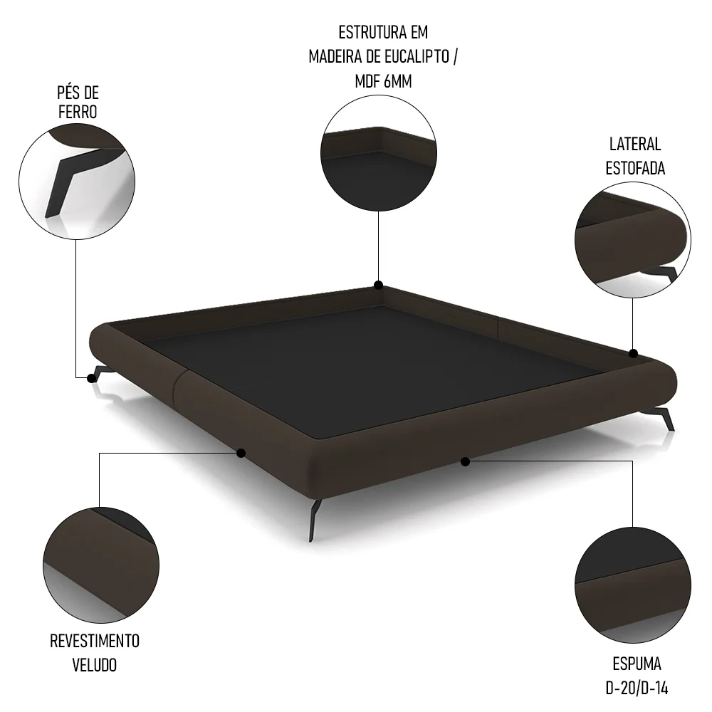 Cama King Base Box 193x203cm Pés de Ferro Cold Z37 Veludo Marrom - Mpozenato