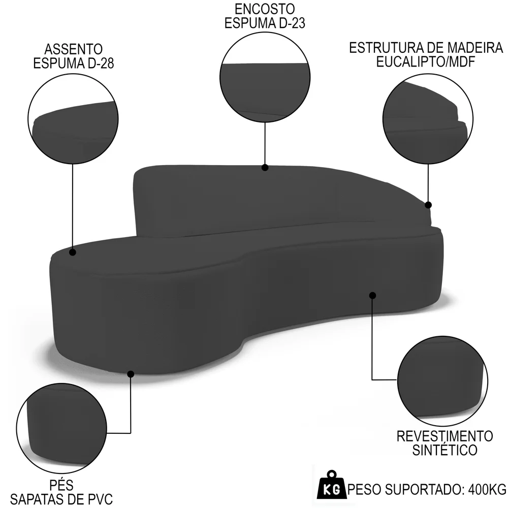 Sofá Living  4 Lugares 280cm Braço Direito Mozart D06 Sintético Cinza - Mpozenato
