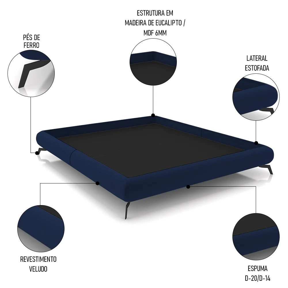 Cama King Base Box 193x203cm Pés de Ferro Cold Z37 Veludo Azul - Mpozenato