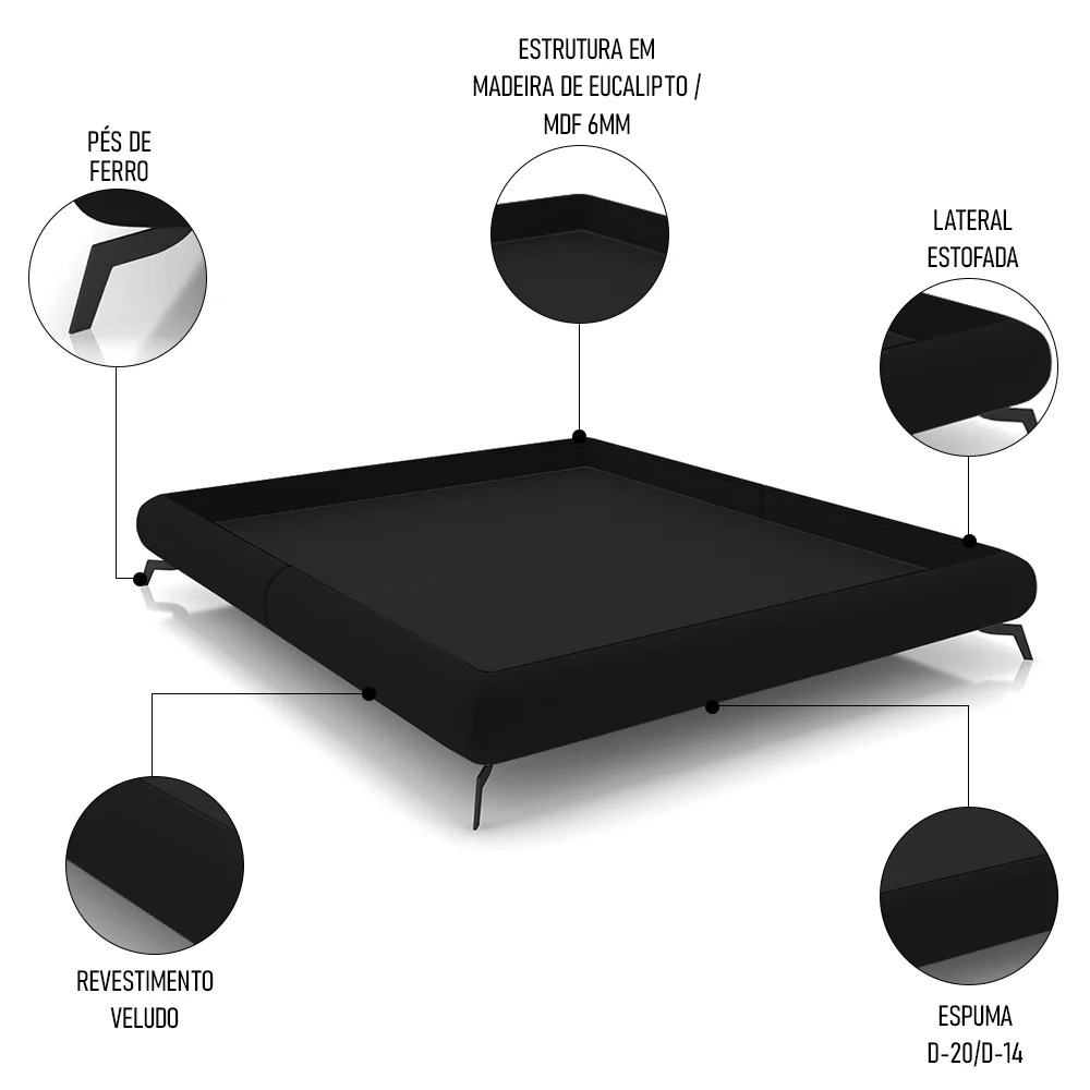 Cama Casal Base Box 138x188cm Pés de Ferro Cold Z37 Veludo Preto - Mpozenato