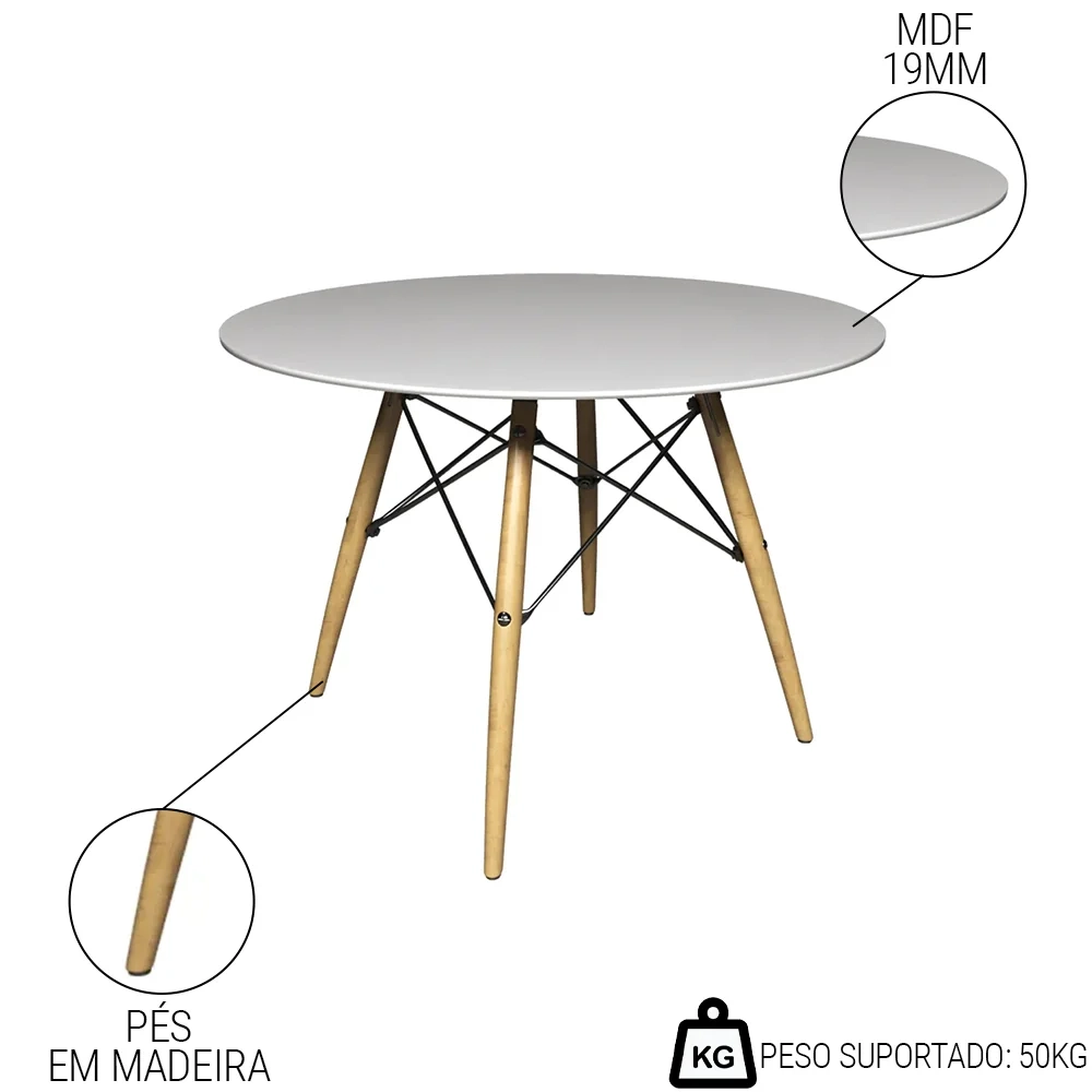 Mesa de Jantar 4 Lugares Redonda 120cm Tampo MDF Pés Eiffel Paris R02 Branco - Mpozenato