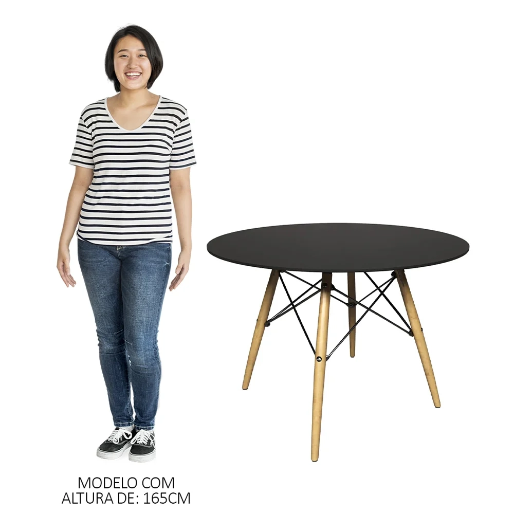 Mesa de Jantar 4 Lugares Redonda 120cm Tampo MDF Pés Eiffel Paris R02 Preto - Mpozenato