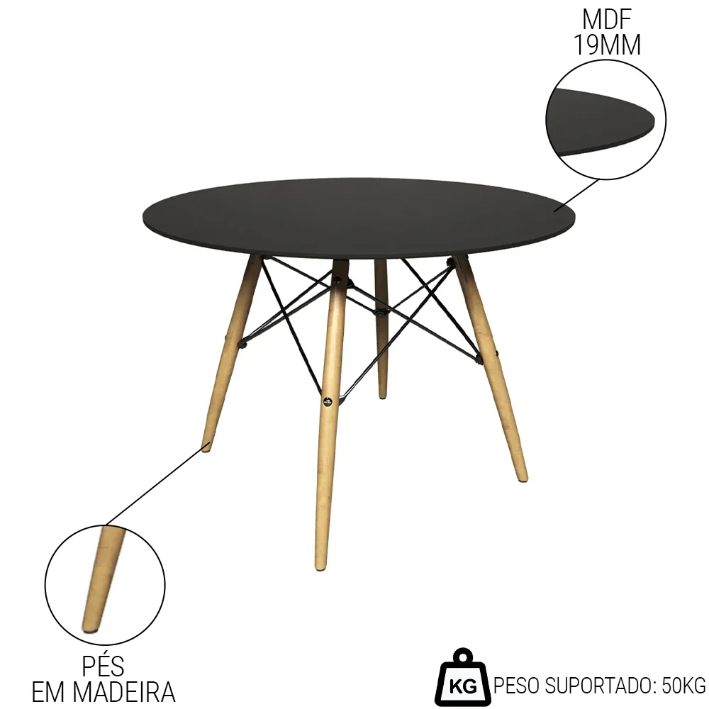 Mesa de Jantar 4 Lugares Redonda 120cm Tampo MDF Pés Eiffel Paris R02 Preto - Mpozenato